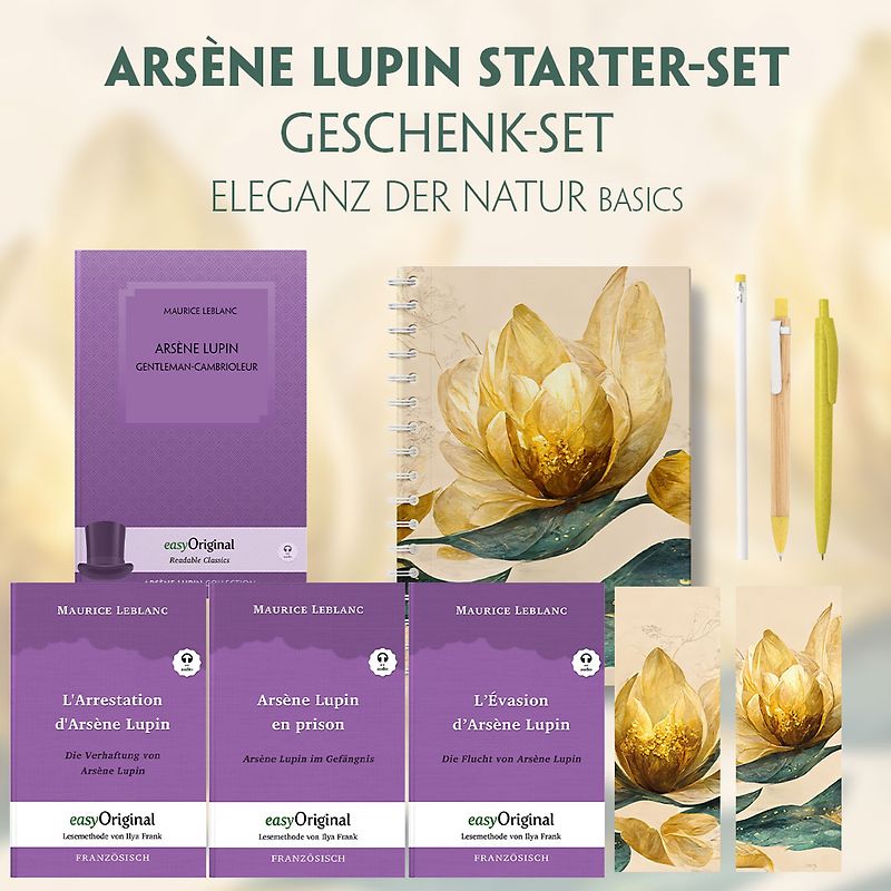 Arsène Lupin Starter-Paket Geschenkset - 4 Bücher (mit Audio-Online) + Marmorträume Schreibset Basics