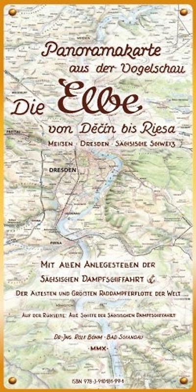 Die Elbe. Panoramakarte aus der Vogelschau