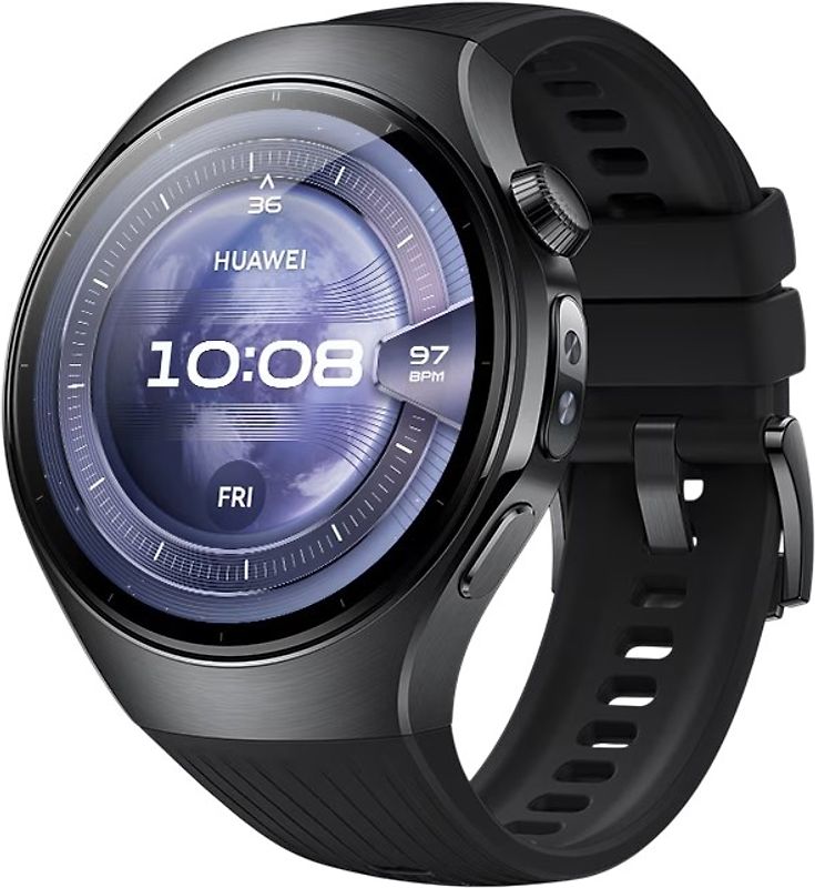 Huawei Watch 5 46 mm cassa in acciaio inossidabile nero con il cinturino in fluoroelastomero nero [WiFi + 4G]