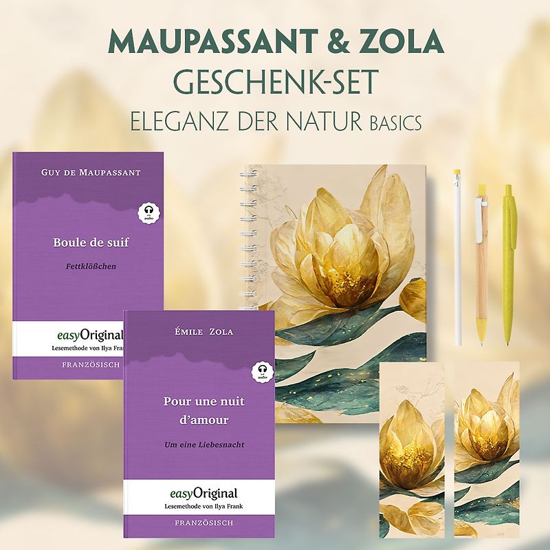 Guy de Maupassant & Émile Zola Geschenkset - 2 Bücher (mit Audio-Online) + Eleganz der Natur Schreibset Basics