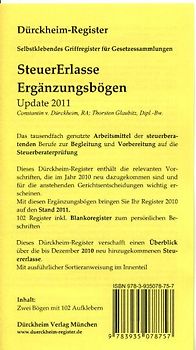 Steuererlasse (Ergänzungsbögen 2011): 102 bedruckte Griffregister für die SteuerErlasse