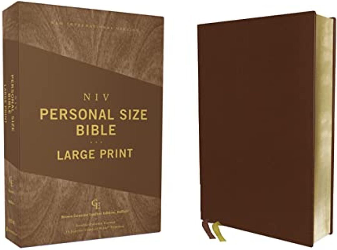 NIV, Personal Size Bible, Large Print, Genuine Leather, Buffalo, Brown, Red Letter, Art Gilded Edges, Comfort Print