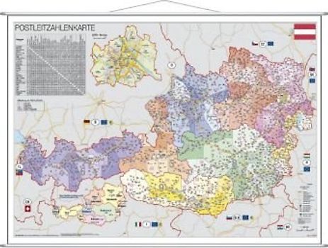 Österreich Postleitzahlen. Wandkarte mit Metallbeleistung