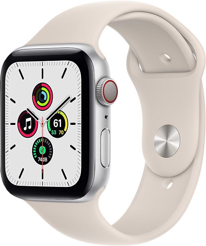 Apple Watch SE 44 mm boîter aluminium argent et bracelet sport lumière stellaire [Wi-Fi + Cellulaire]