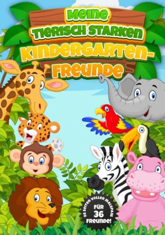 Meine tierisch starken Kindergartenfreunde: Ein Erinnerungsalbum zum Ausmalen und Ausfüllen für die allerersten Freunde im Kindergarten - schwarz-weiß Edition: Dschungeltiere