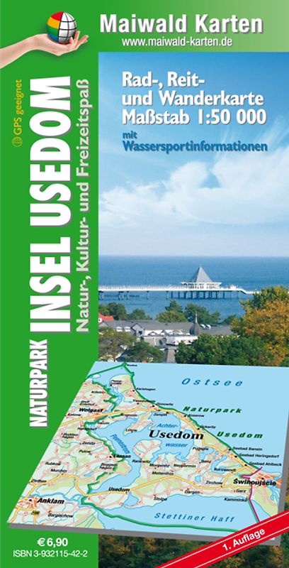 Usedom = Rad- Reit- u. Wanderkarte = Naturpark Insel Usedom - Natur-, Kultur- und Freizeitspaß - mit Wassersportinfos