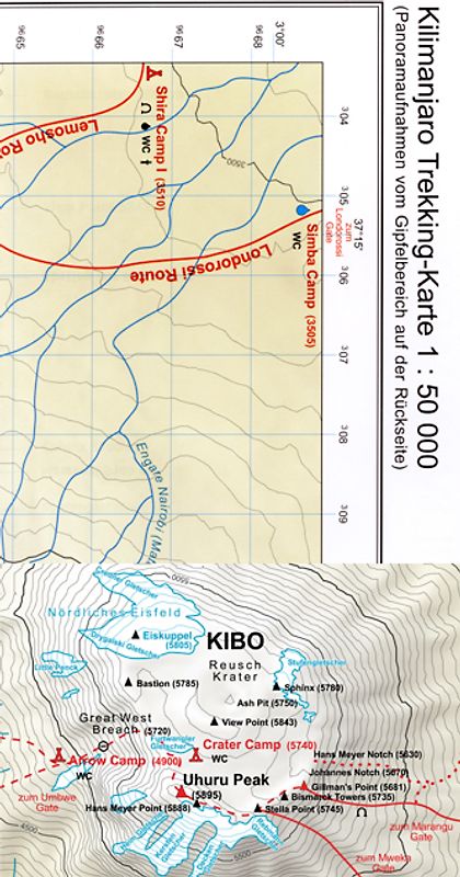 Kilimanjaro-Trekkingkarte. GPS-kompatibel. 1:50000