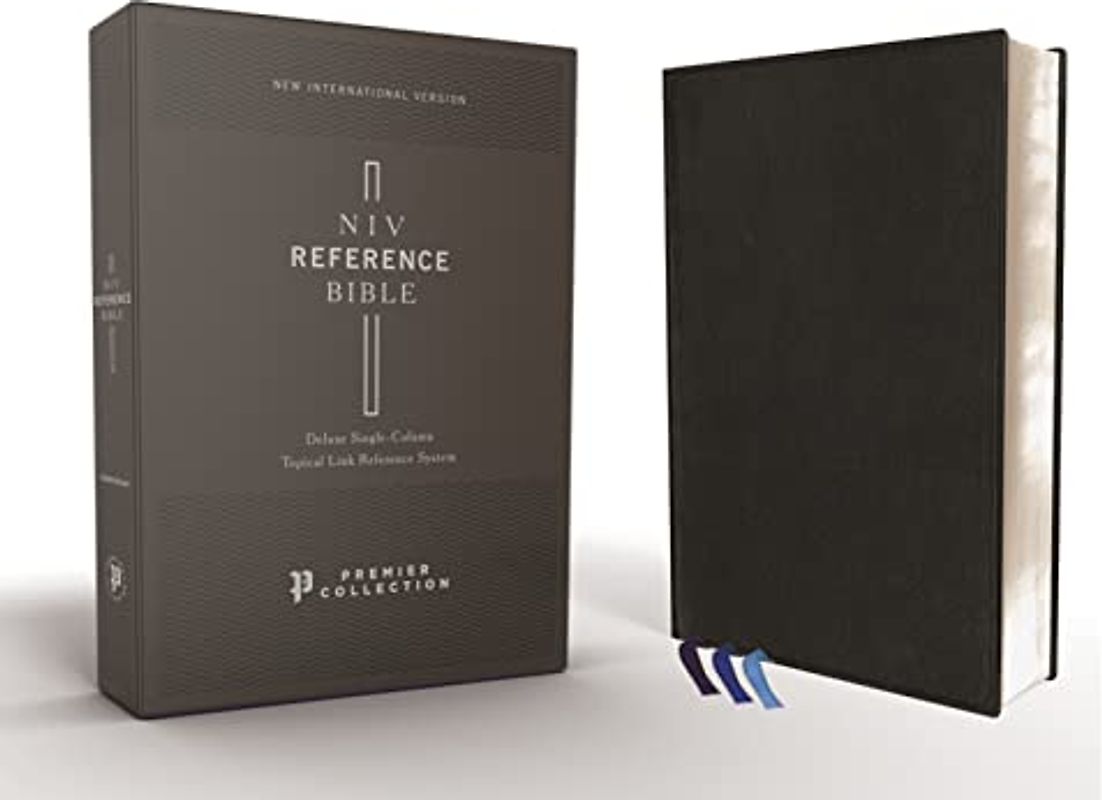 NIV, Reference Bible, Deluxe Single-Column, Premium Goatskin Leather, Black, Premier Collection, Black Letter, Art Gilded Edges, Comfort Print