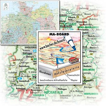 BACHER Organisations-Karte Norddeutschland Maßstab 1:500 000, MA-BOARD Landkartentafel, aufgezogen, folienbeschichtet, magnetisch mit Aluleiste gerahmt
