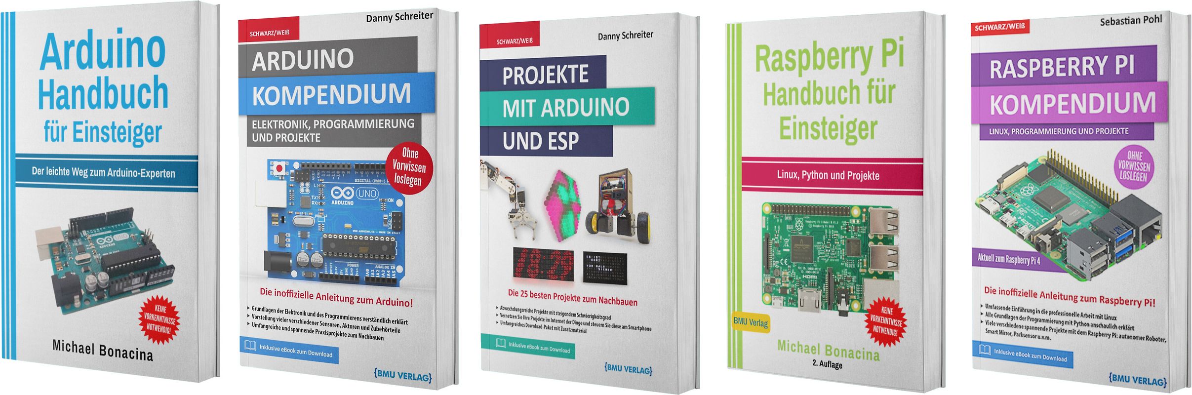 Arduino Handbuch für Einsteiger + Arduino Kompendium + Projekte mit Arduino und ESP + Raspberry Pi Handbuch für Einsteiger + Raspberry Pi Kompendium