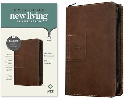 NLT Thinline Reference Zipper Bible, Filament Enabled (Leatherlike, Atlas Rustic Brown, Red Letter)