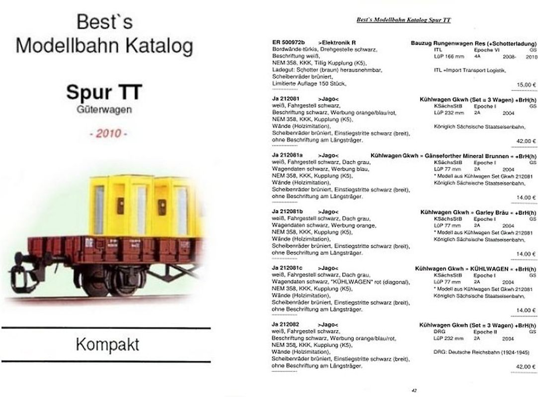 Best`s Modellbahn Katalog Spur TT - Kompakt 2010 Güterwagen. Kompaktausgabe: Sortiert nach Hersteller + Artikelnummer