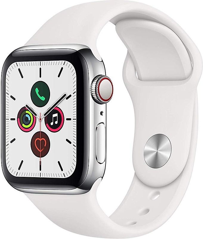 Apple Watch Series 5 40 mm boîtier en acier inoxydable argent et bracelet sport blanc [Wi-Fi + Cellulaire]