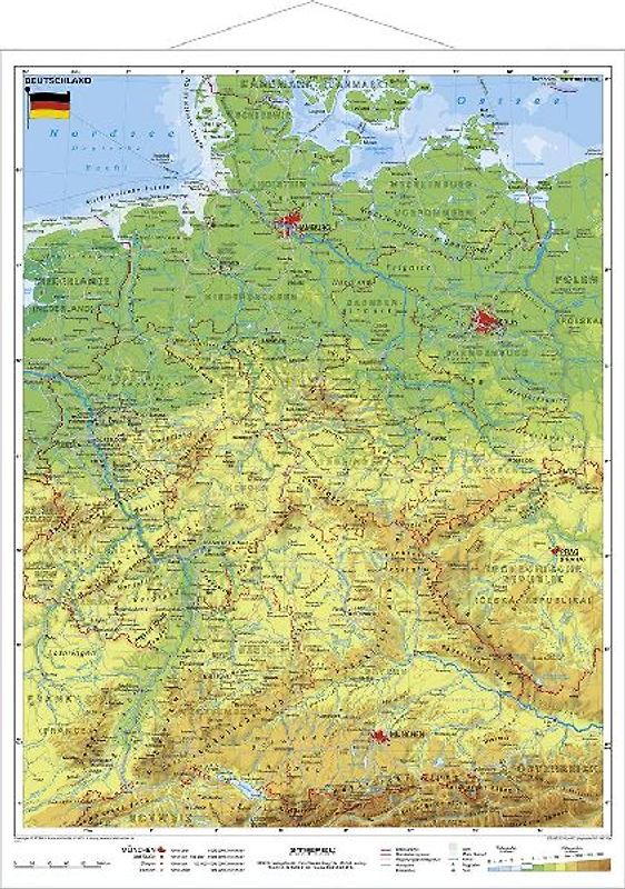 Deutschland, physisch 1 : 1 100 000. Wandkarte Kleinformat mit Metallstäben