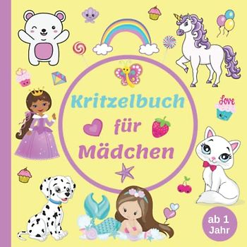 Kritzelbuch ab 1 Jahr für Mädchen: Ausmalbuch mit großen Motiven zum Ausmalen und kritzeln mit Prinzessin, Einhorn, Meerjungfrau, Katzen und vielen mehr | Mein Erstes Malbuch