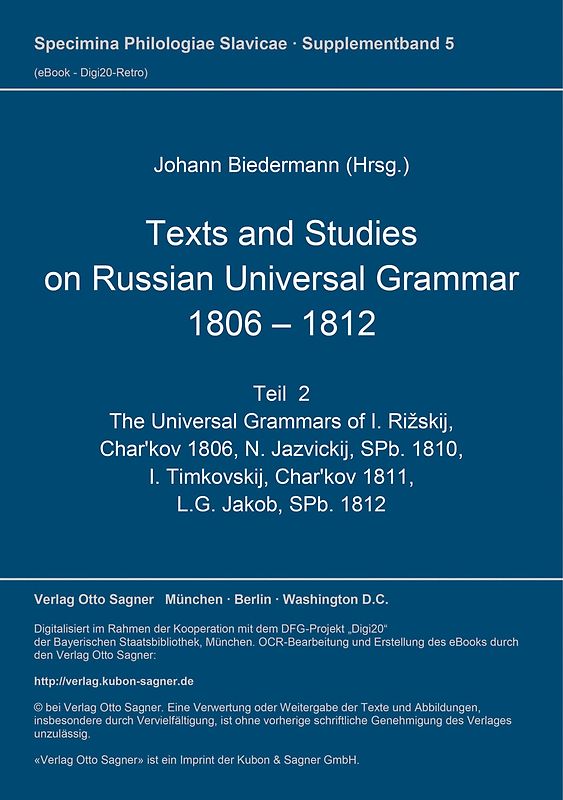 Texts and studies on Russian universal grammar 1806 - 1812