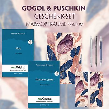 Gogol & Puschkin Geschenkset - 2 Bücher (mit Audio-Online) + Marmorträume Schreibset Premium