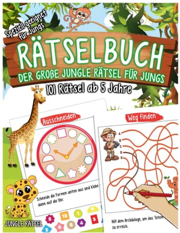 Rätselbuch ab 5 Jahre: Der große Jungle Rätsel für Jungs, Logisches Denken und Vorschulübungen für Junge, Das große Buntes A4 Rätselbuch, Übungshefte und -blöcke für Kindergarten und Vorschule