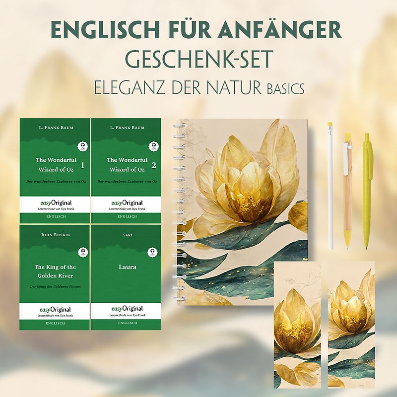 Englisch für Anfänger Geschenkset - 4 Bücher (mit Audio-Online) + Eleganz der Natur Schreibset Basics