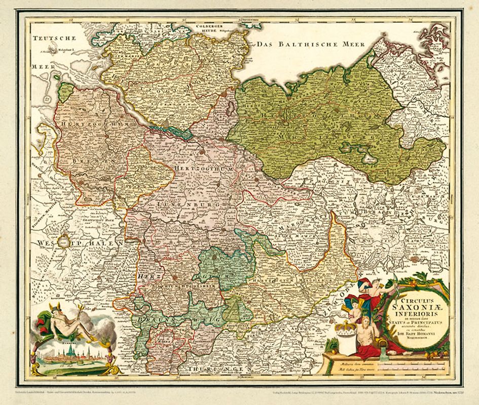 Historische Karte: Norddeutschland - mit den Herzogtümern Holstein, Mecklenburg, Lüneburg, Braunschweig, dem Herzogtum Magdeburg, der Grafschaft Dannenberg und dem Bistum Hildesheim, um 1720- (Plano). Kartuscheninschrift: Circulus Saxoniae Inferioris in omnes suos Status et Principatus accurate divisus. ex conatibus Ioh. Bapt. Homanni Noribergae.