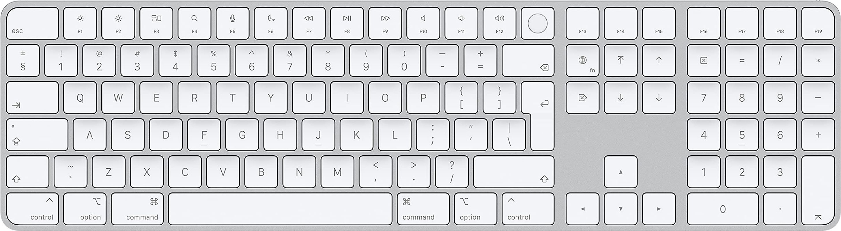 Apple Magic Keyboard mit Touch ID und Ziffernblock [englisches Tastaturlayout, QWERTY, Lightning] silber mit weißen Tasten