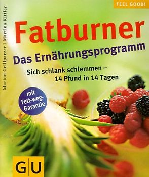 Fatburner. Das Ernährungsprogramm. Sich schlank schlemmen - 14 Pfund in 14 Tagen. Button: "mit Fett-weg-Garantie"