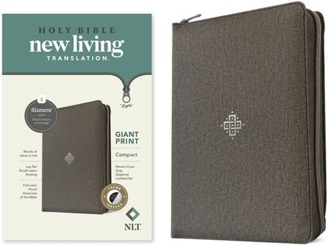 NLT Compact Giant Print Zipper Bible, Filament Enabled (Leatherlike, Woven Cross Gray, Indexed, Red Letter)