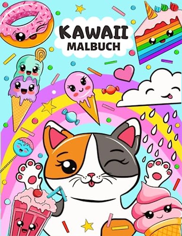 Kawaii Malbuch: Niedliche und lustige Malvorlagen mit Kawaii-Tieren, Süßigkeiten, Essen, Wolken ... und mehr für alle Altersgruppen.