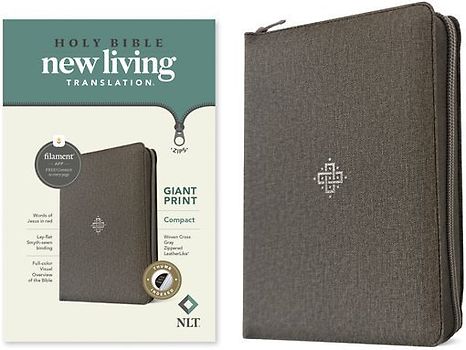 NLT Compact Giant Print Zipper Bible, Filament Enabled (Leatherlike, Woven Cross Gray, Indexed, Red Letter)