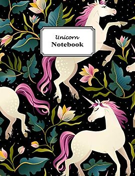 Unicorn Notebook: Prancing and Dancing Unicorn Horses with Purple Manes and Tails, Blooming Flower and Stars Background (Journal, Composition Book)