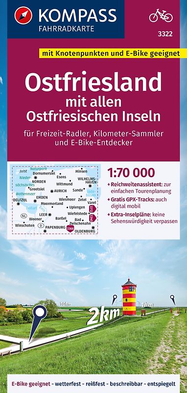 KOMPASS Fahrradkarte 3322 Ostfriesland mit allen Ostfriesischen Inseln mit Knotenpunkten 1:70.000