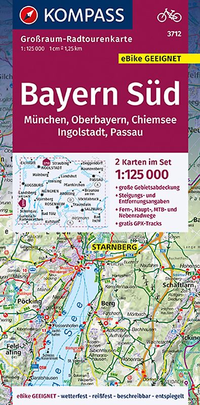 KOMPASS Großraum-Radtourenkarte 3712 Bayern Süd, Oberbayern, Chiemsee, Ingolstadt, Passau, München 1:125.000