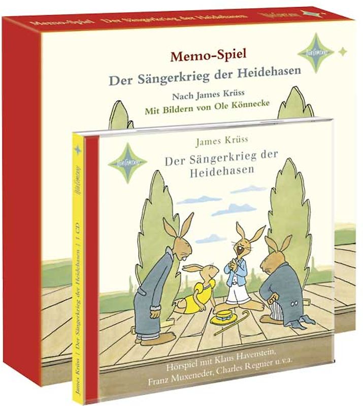 Der Sängerkrieg der Heidehasen - CD und Memospiel. 1 CD, 33 Minuten. 48 Karten, 6 x 6 cm in stabiler Stülpschachtel mit vielen Spielideen im Beiheft. Gelesen von Charles Regnier, Franz Muxeneder und Klaus Havenstein. Musik von Rolf Wilhelm.