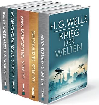 H.G.Wells (fünf Romane) - Krieg der Welten - Die Zeitmaschine - Die Insel des Dr. Moreau - Der unsichtbare Mann - Die ersten Menschen im Mond