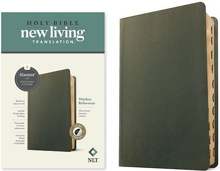 NLT Thinline Reference Bible, Filament Enabled (Genuine Leather, Olive Green, Indexed, Red Letter)