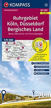 KOMPASS Fahrradkarte 3367 Ruhrgebiet, Köln, Düsseldorf, Bergisches Land mit Knotenpunkten 1:70.000