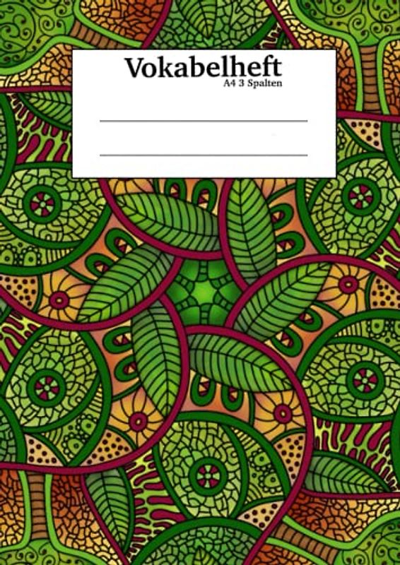Vokabelheft A4 3 Spalten: Vokabelheft mit buntem Mandala Muster, DIN A4, viele Seiten