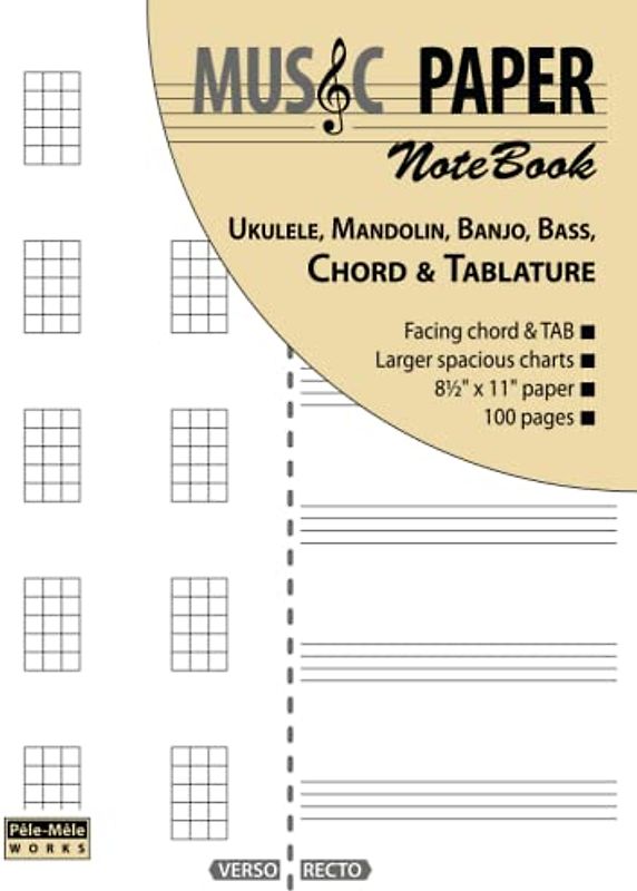 MUSIC PAPER NoteBook - Ukulele, Mandolin, Banjo, Bass, Chord & Tablature