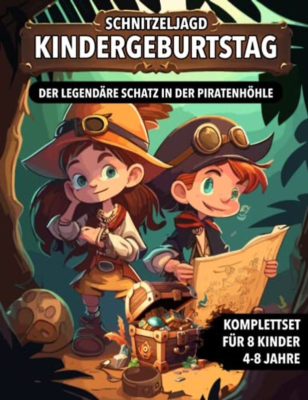 Schnitzeljagd Kindergeburtstag Piraten: Schatzsuche von 4 bis zu 8 Jahre Kinder - Piratenschatz Komplettset mit Schatzkarte, Rätseln, Einladungen, Urkunden und vieles mehr!