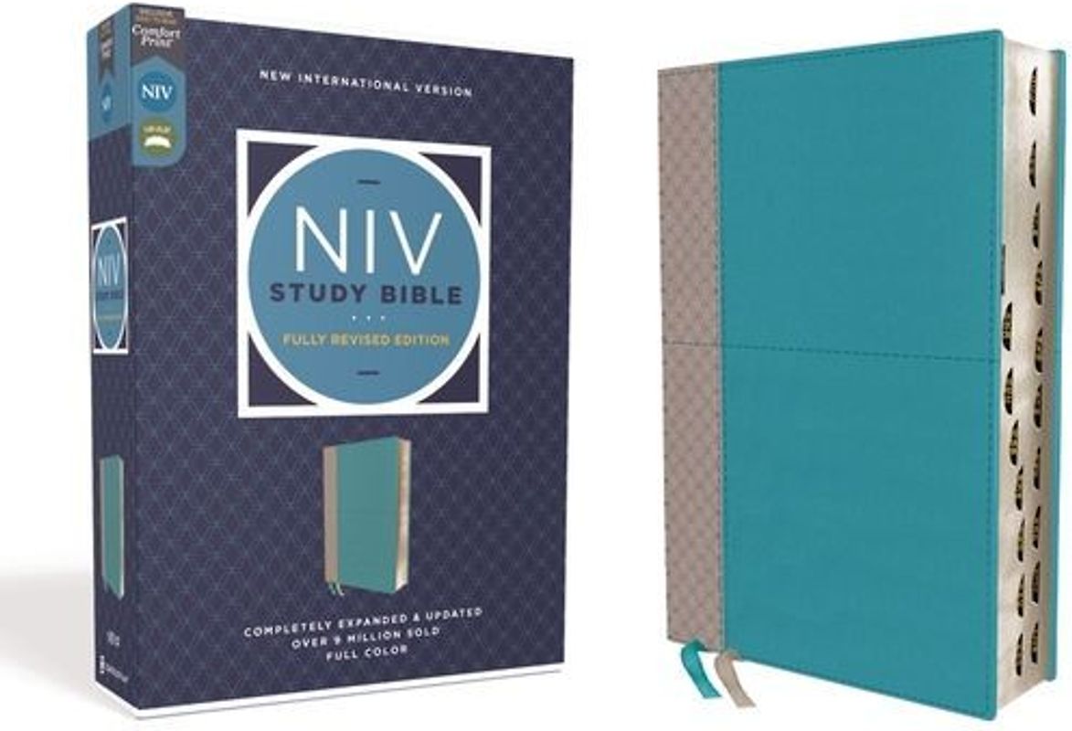 NIV Study Bible, Fully Revised Edition, Leathersoft, Teal/Gray, Red Letter, Thumb Indexed, Comfort Print