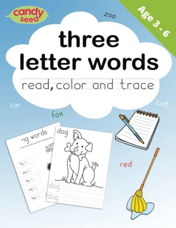 Three letter words - Read, Color and Trace: 3 letter Vocabulary Coloring Activity book for (Preschool / Kindergarten) 3 to 6 year olds