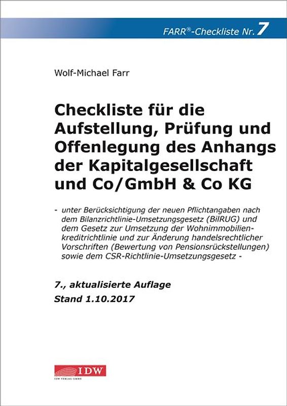 Checkliste 7 für die Aufstellung, Prüfung und Offenlegung des Anhangs der Kapitalgesellschaft und Co/GmbH & Co KG