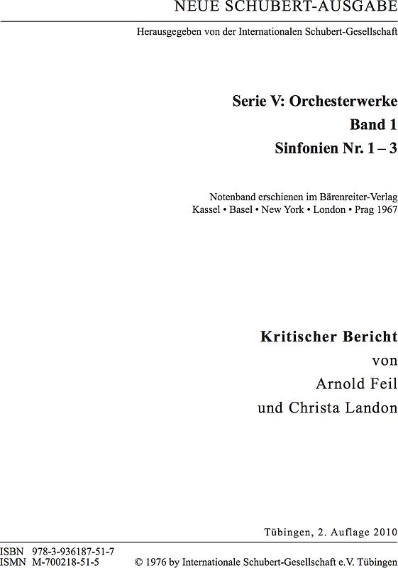 Neue Schubert-Ausgabe. Kritische Berichte / Orchesterwerke / Sinfonien Nr. 1–3