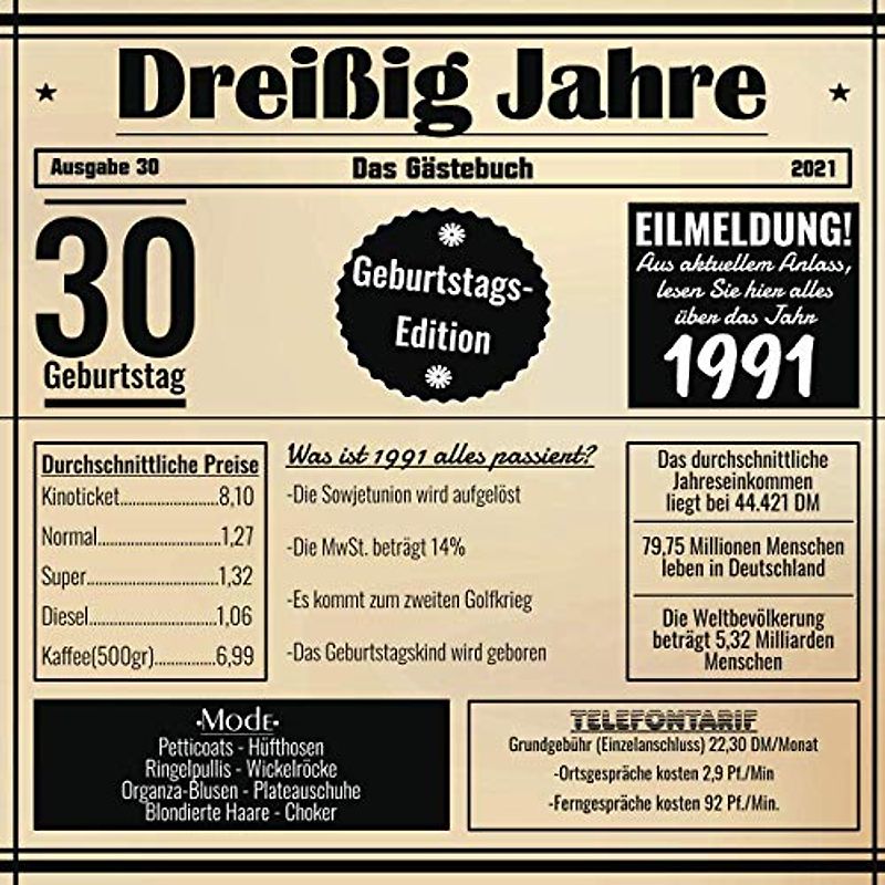 Dreißig Jahre Das Gästebuch: Zum 30 Geburtstag / Geburtsjahr 1991 / Zeitung Design Mit Ereignissen Im Jahre 91 / Geschenk Und Geburtstagsdeko / Platz Für Glückwünsche Und Fotos