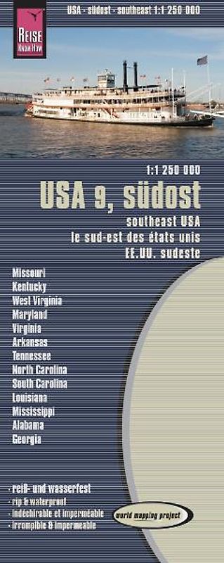 Reise Know-How Landkarte USA 9, Südost (1:1.250.000): Missouri, Kentucky, West Virginia, South Carolina, …. world mapping project