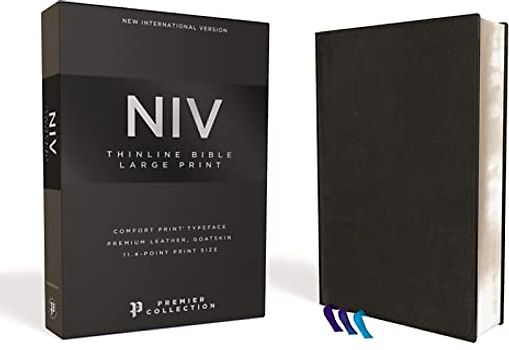 NIV, Thinline Bible, Large Print, Premium Goatskin Leather, Black, Premier Collection, Black Letter, Art Gilded Edges, Comfort Print