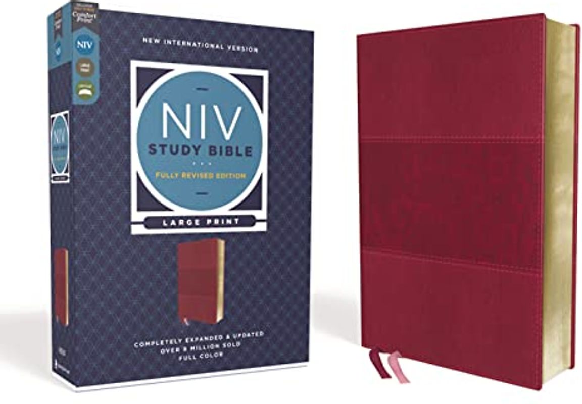 NIV Study Bible, Fully Revised Edition, Large Print, Leathersoft, Burgundy, Red Letter, Comfort Print