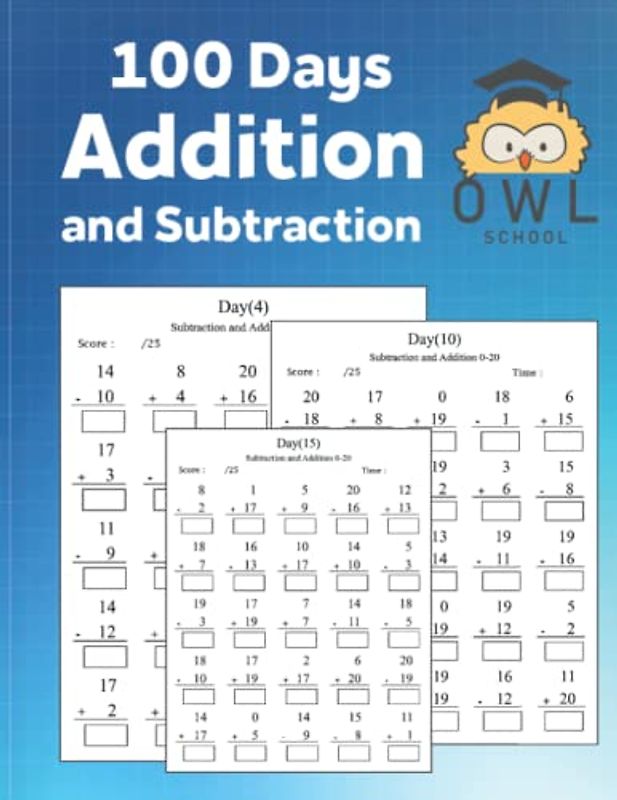 Owl School -100 Days Addition and Subtraction: Practice Math Number 0-20 Workbook For Grade K-1,Time Test,Score
