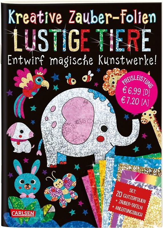 Kreative Zauber-Folien: Lustige Tiere: Set mit 10 Zaubertafeln, 20 Glitzerfolien und Anleitungsbuch