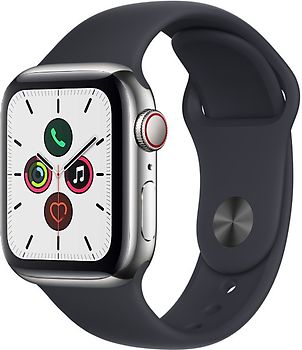 Apple Watch Series 5 40 mm Boîtier acier inoxydable argent Bracelet Sport noir [Wi-Fi + Cellulaire]
